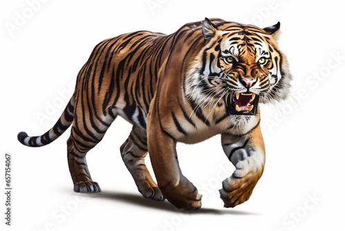 running or jumping tiger with realistic illustration isolated on white background  hyper realistic  full body.