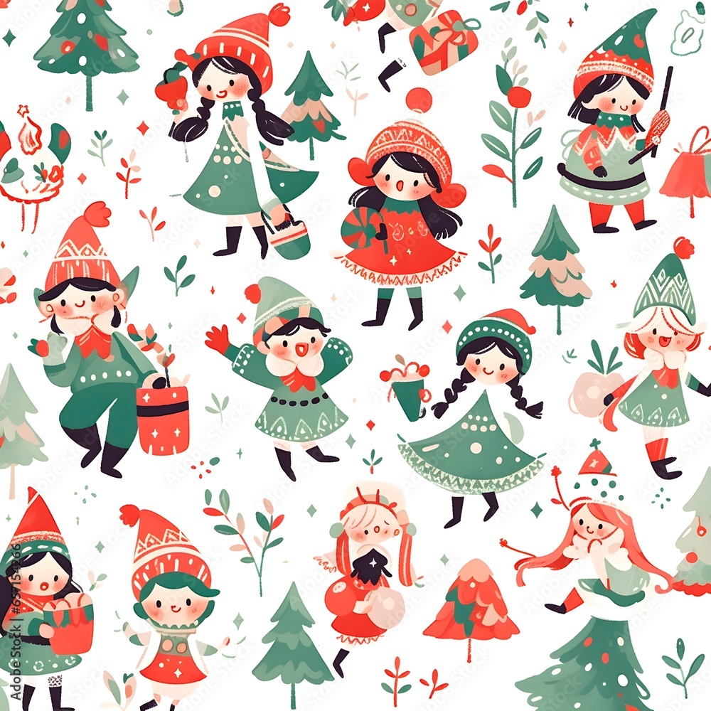 set of Christmas doodle cute girls water color style vector illustration