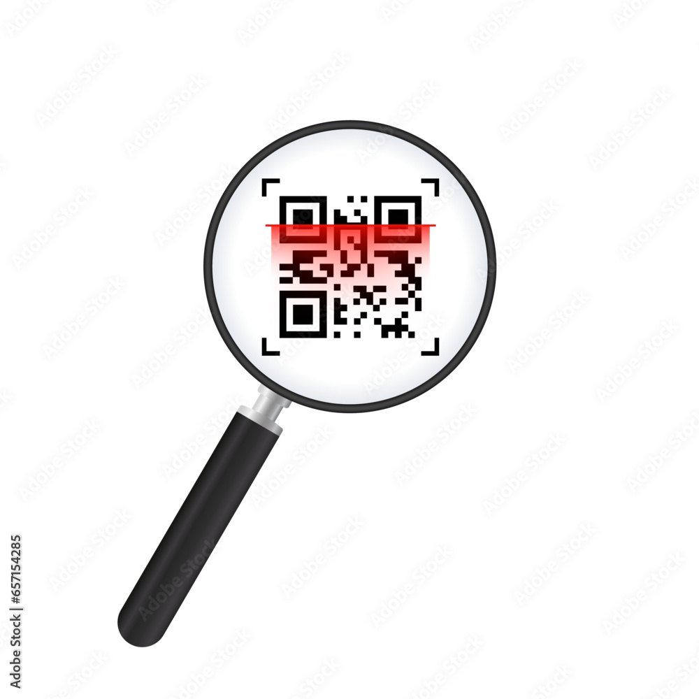 Qr code under a magnifying glass, with isolated background. Search qr