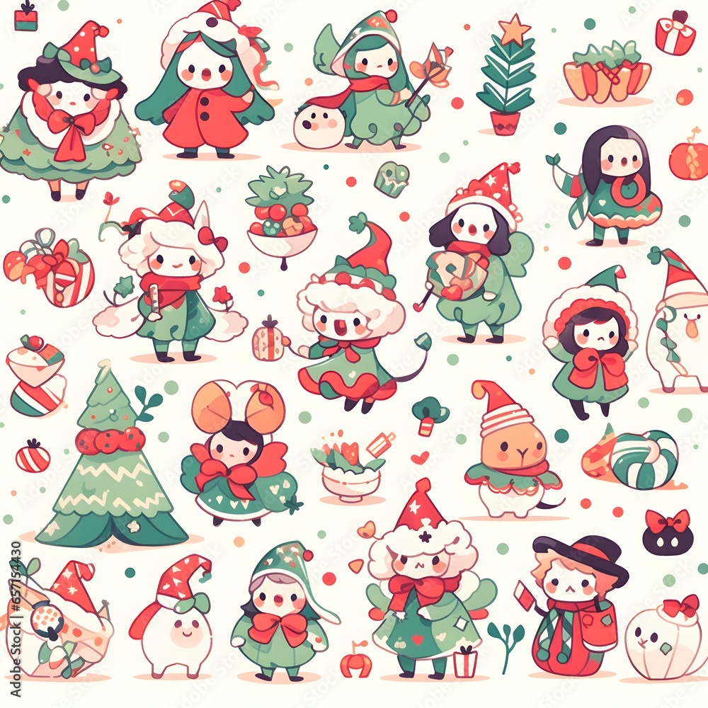 set of Christmas doodle cute girls water color style vector illustration