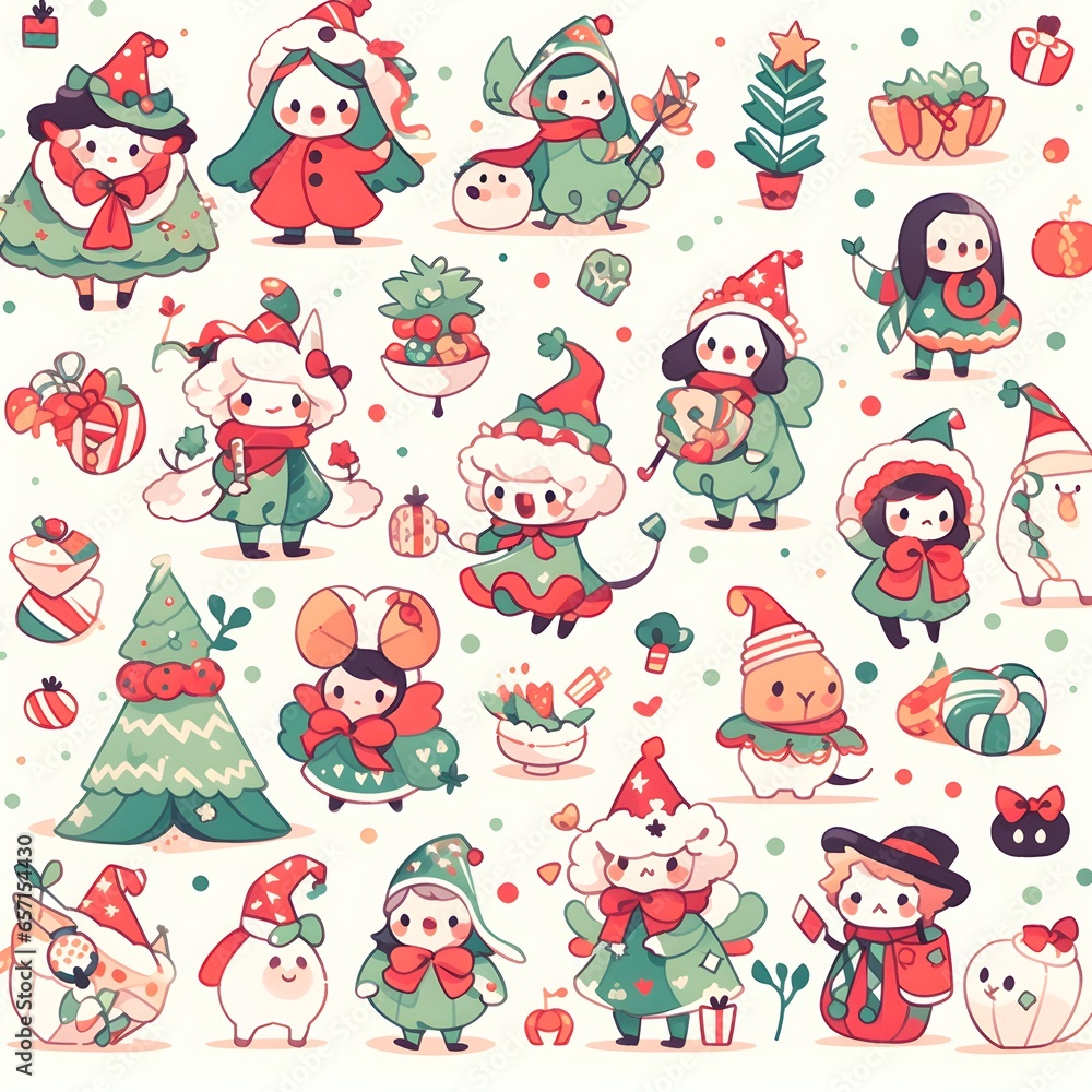 Fototapeta premium set of Christmas doodle cute girls water color style vector illustration