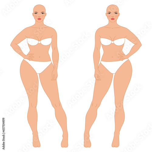 Plus size female fashion figure posing, vector template. Beautiful curvy woman body vector illustration. Female colored croquis. 