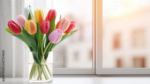 Beautiful colorful tulips in glass vase on white table