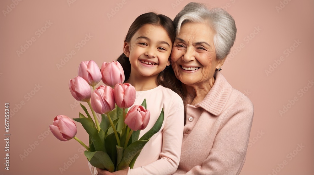 Portrait of smiling grandmother and granddaughter with bouquet of tulips
Portrait of smiling grandmother and granddaughter with bouquet of tulips