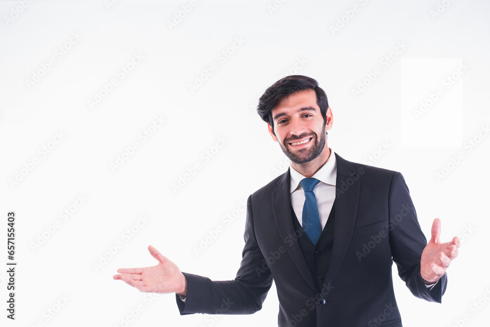 Businessman in front of a white background waving his arm in a welcoming gesture, copy space for text. Businessman in front of a white background waving his arm in a welcoming gesture, copy space for text.
