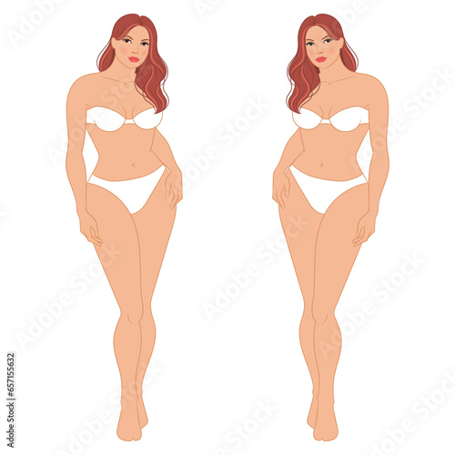 Plus size female fashion figure posing, vector template. Beautiful curvy woman body vector illustration. Female colored croquis with face and hair. 