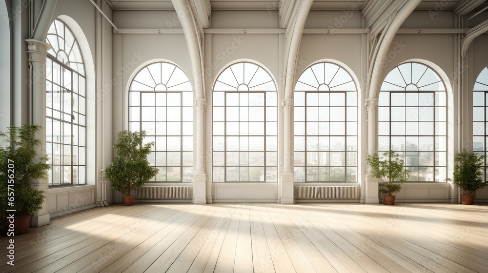 Interior studio with large window high ceiling and white wooden floor.