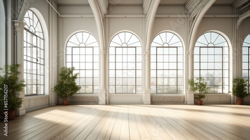 Interior studio with large window high ceiling and white wooden floor.