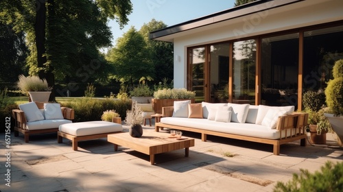 Porch in a stylish Luxurious house, House terrace with modern garden furniture area. © visoot