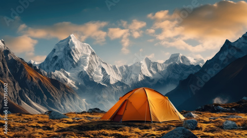 Tent orange on beautiful mountain landscape. © visoot