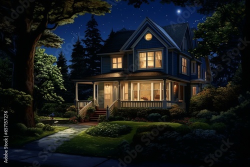 Illuminated house at night. Generative AI