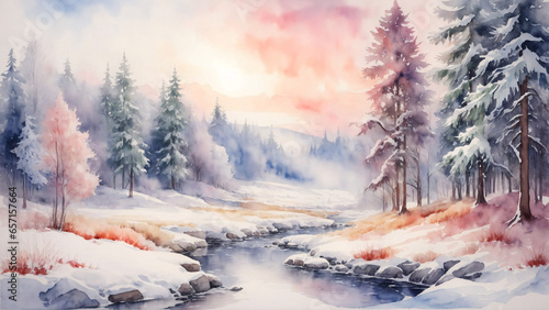 Winter landscape with snow-covered river and pine trees. watercolor painting.