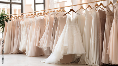 Wedding dresses in a luxury bridal shop.
