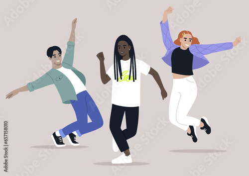 A diverse group of characters performing a contemporary dance practice collectively