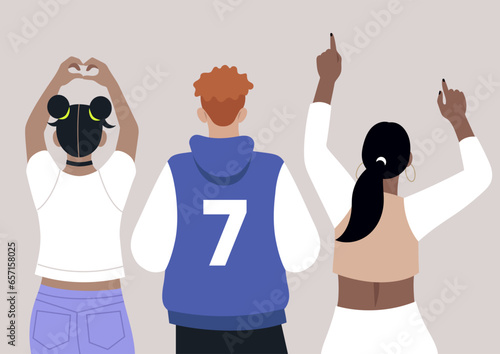 A group of dancing characters at a college party, enjoying themselves, captured from a rear perspective