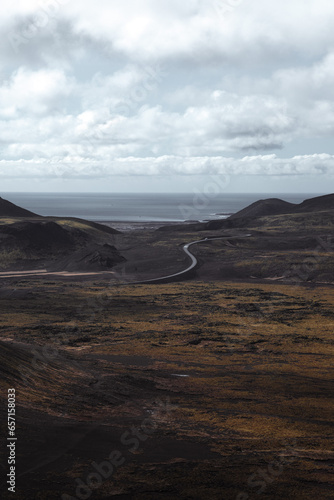 Volcanic landscape of Islandia. Volcanoes natural park background. Volcanic road. High resolution image. photo