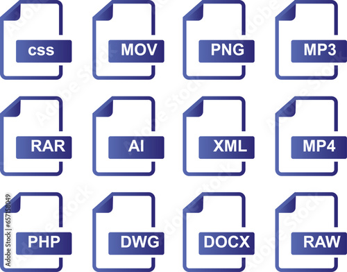 File Type Icons Set of Document File Formats and Labels icons. Vector illustration. photo