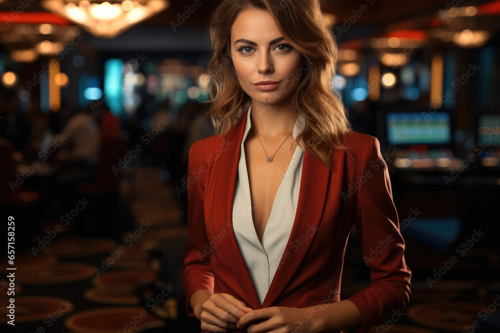 Woman in suit standing in casino.