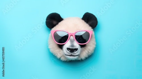 Panda head with pink sunglasses on a blue background. photo