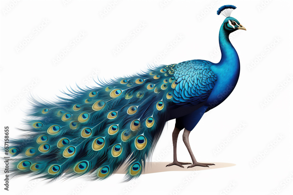 Fototapeta premium Blue peacock with feathers isolated in white background