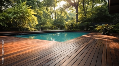Swimming pool in garden, Wooden floor swimming pool in backyard.