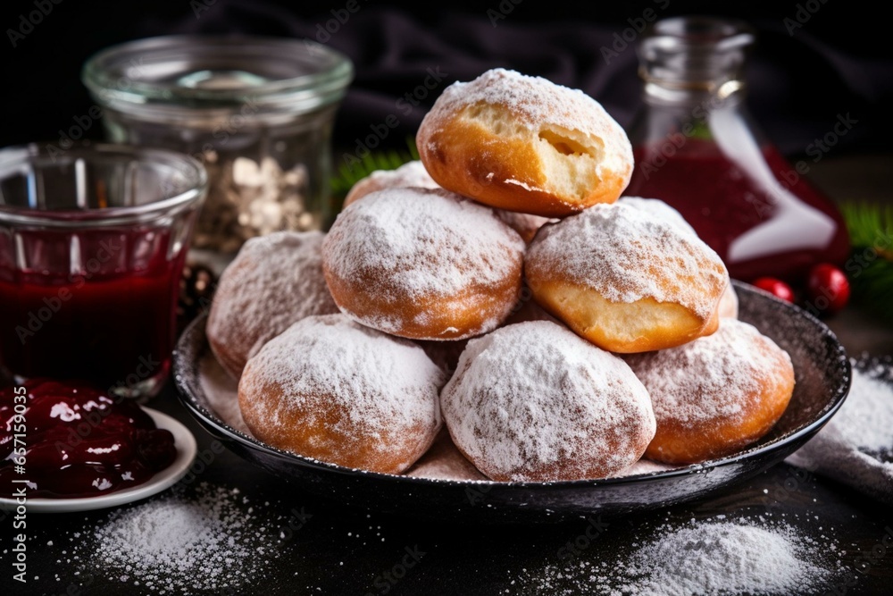 Homemade Polish donuts for Fat Thursday with jam and powdered sugar. Generative AI