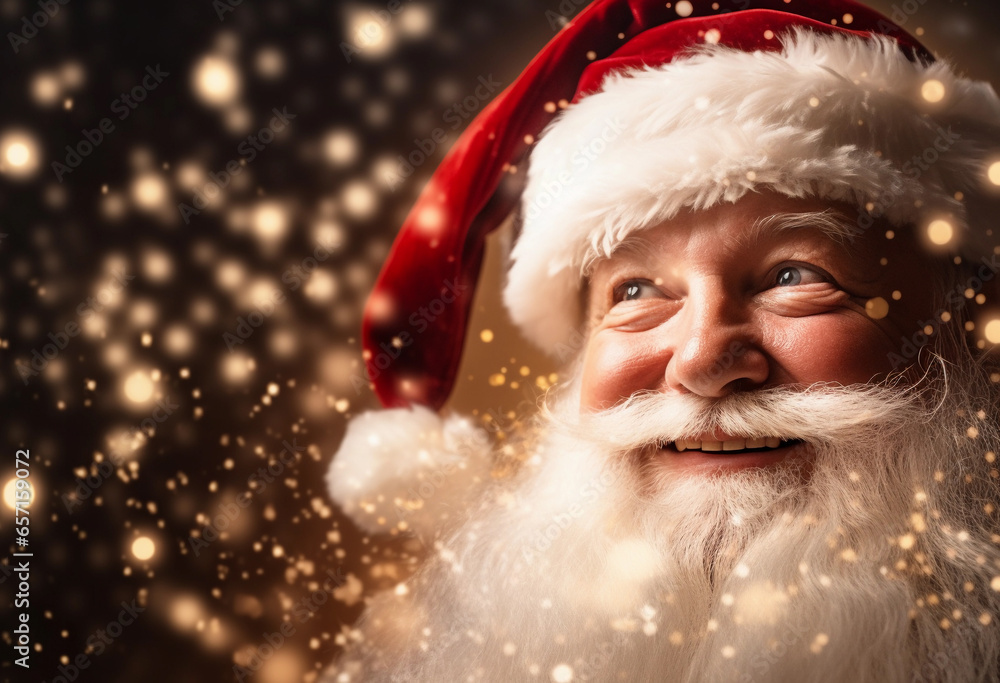 Kind Santa portrait with white gray beard in fairy lights. A festive mood. Beautiful Christmas background. Kind Santa portrait with white gray beard in fairy lights. A festive mood. Beautiful Christmas background.