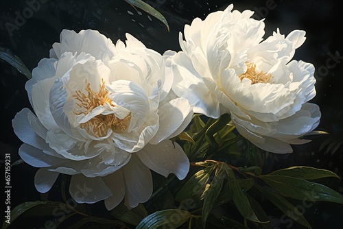Fototapeta Naklejka Na Ścianę i Meble -  two white flowers vase screen peonies enhance lighting large opaque blossoms enduring highest