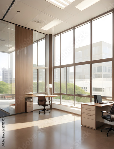 A beautiful modern spacious office hall with panoramic windows and a perspective in pleasant natural beige and brown tones