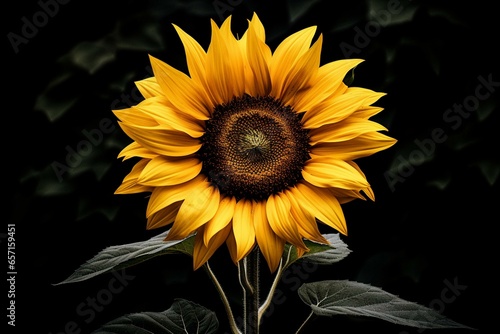 Blooming sunflower on dark background in a garden. Generative AI