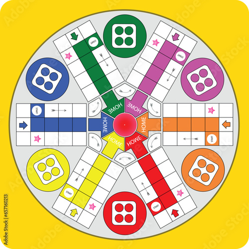 Classic six players family board game. Vector 6 players  ludo board family game. Ludo board game. Ludo game board design. Vector ludo game's design. 
