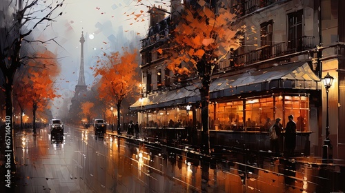 Watercolor of a street in Paris wet by the rain and with cafes on the sides and the Eiffel Tower in the background © HC FOTOSTUDIO