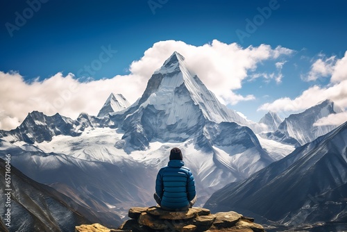 person sitting rock looking mountain top massive mountains nepal amazing immaculate scale inspire overcome quechua photo