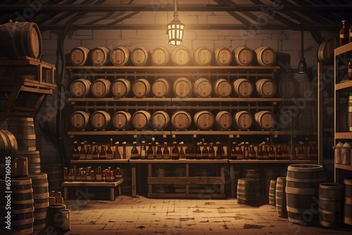 An illustration of a country winery storage room with wooden shelves holding various wine bottles. Generative AI
