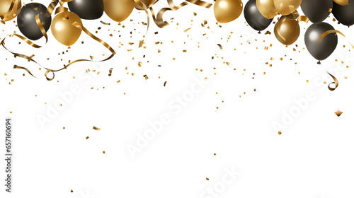 Confetti and balloons in gold and black. Copy space, generative ai, transparent png. Use your own background.
