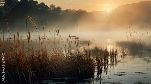 Beautiful serene nature scene with river reeds fog and water © Ziyan Yang