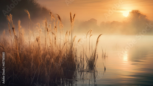 Beautiful serene nature scene with river reeds fog and water