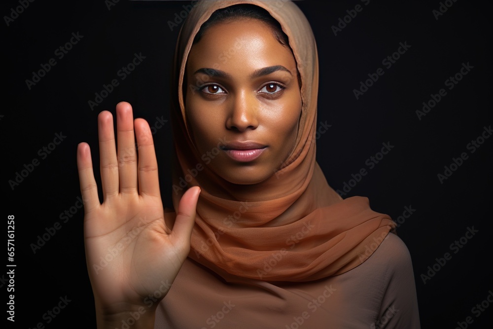 African American muslim woman show palm hand against racial gender ...