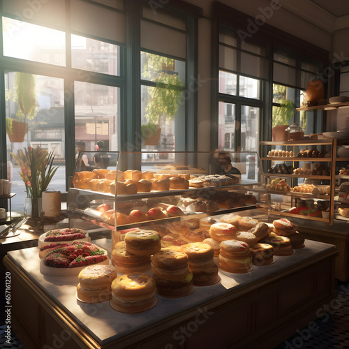 bakery counter with items like cakes, cookies, and pastries. Generated AI