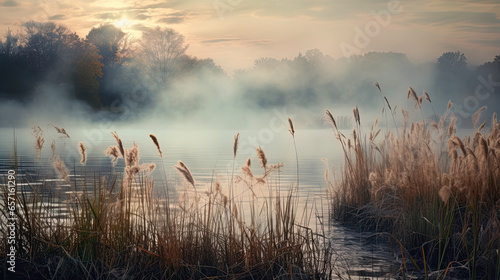 Beautiful serene nature scene with river reeds fog and water #657161290