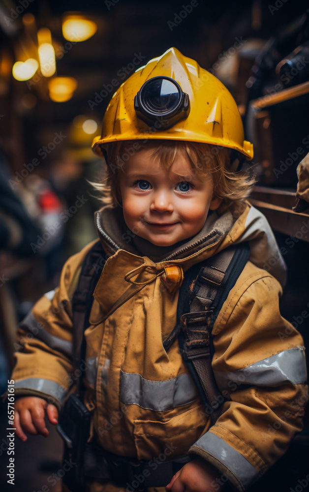 An adorable and cute little firefighter in uniform An adorable and cute little firefighter in uniform