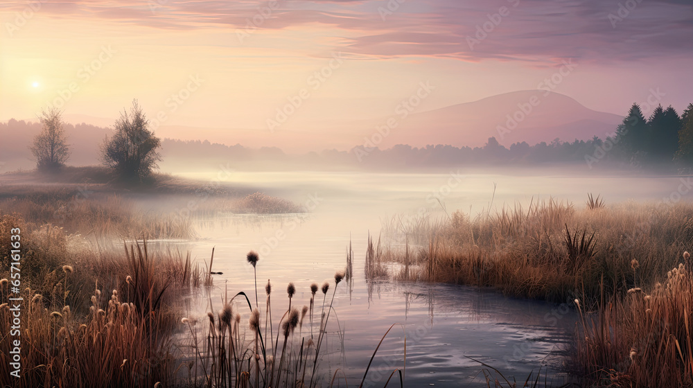 Beautiful serene nature scene with river reeds fog and water Beautiful serene nature scene with river reeds fog and water
