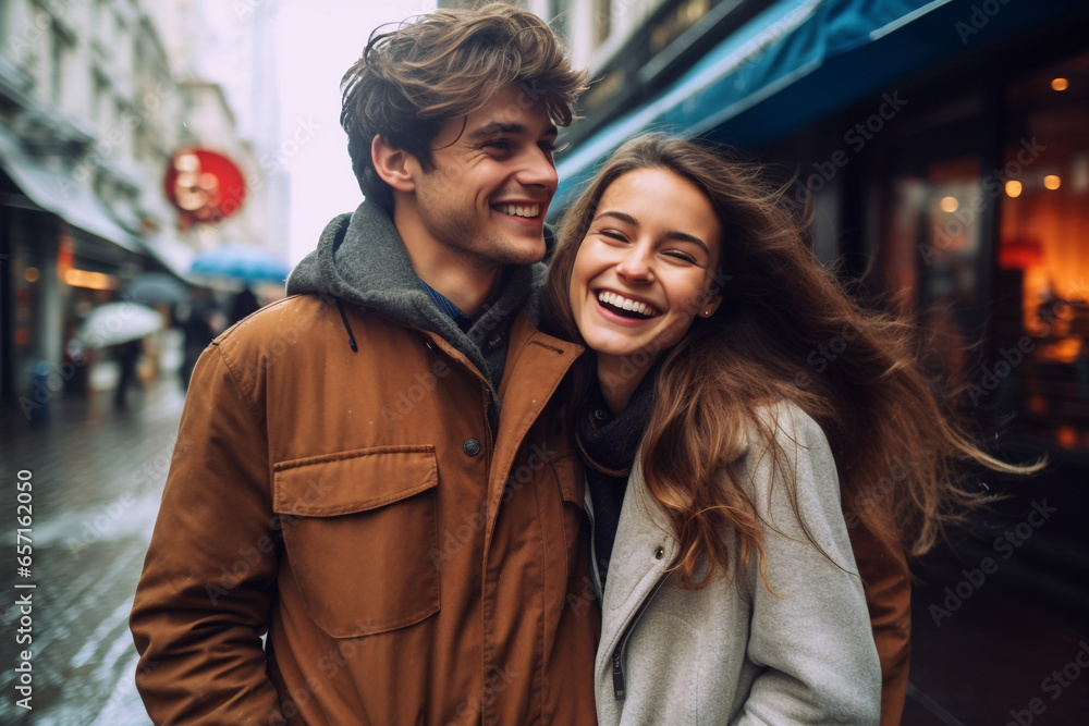 Lifestyles, relationship and multicultural concept. Happy young and beautiful couple walking in city. Joyful mood. Cityscape in background. Autumn weather. Generative AI Lifestyles, relationship and multicultural concept. Happy young and beautiful couple walking in city. Joyful mood. Cityscape in background. Autumn weather. Generative AI