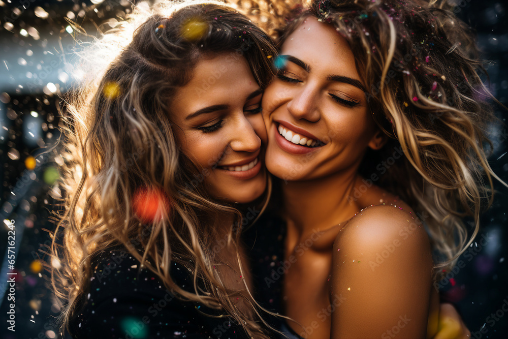 Generative AI portrait picture of two people lesbian couple in love happily smiling hugging