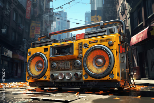 A yellow boombox sitting in the middle of a street