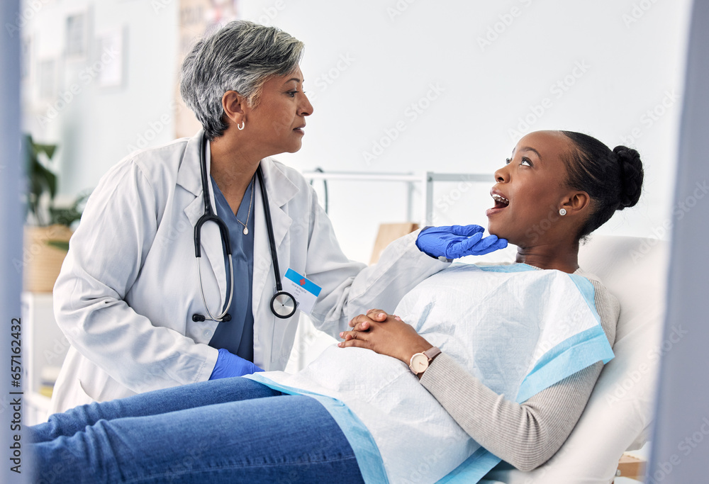 Dentist, patient and women at clinic, consultation and check mouth for dental health and medical treatment. Oral hygiene, healthcare and surgery, orthodontics and tooth decay with cleaning for cavity Dentist, patient and women at clinic, consultation and check mouth for dental health and medical treatment. Oral hygiene, healthcare and surgery, orthodontics and tooth decay with cleaning for cavity