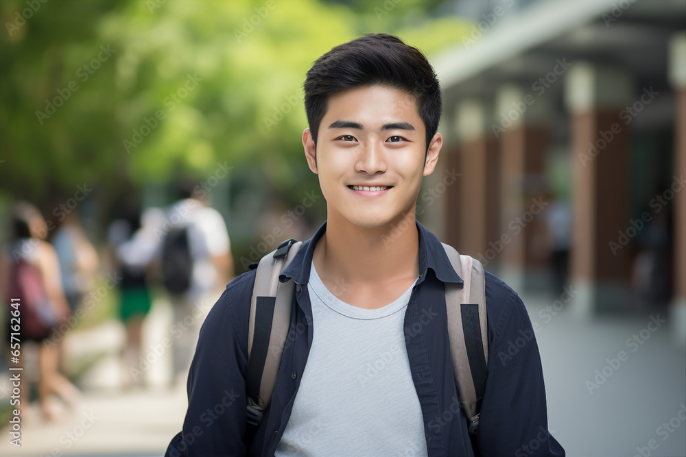 Generative AI image of young asian handsome man with backpack walking park in the city Generative AI image of young asian handsome man with backpack walking park in the city