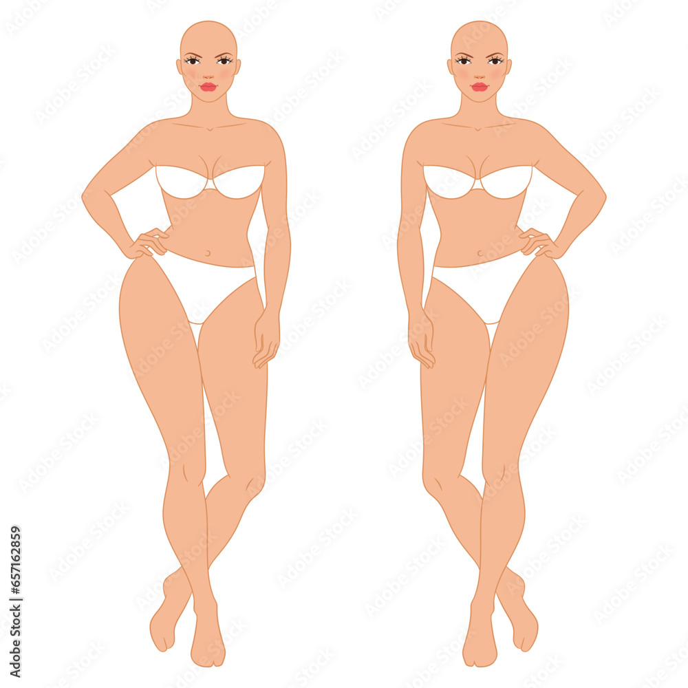 Plus size female fashion figure posing, vector template. Beautiful curvy woman body vector illustration. Female colored croquis. Plus size female fashion figure posing, vector template. Beautiful curvy woman body vector illustration. Female colored croquis.