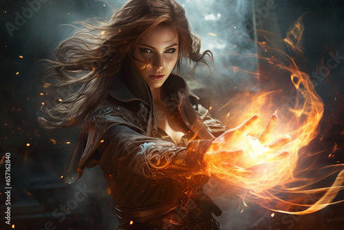 Generative ai collage photo of strong warrior woman fight with fire spell