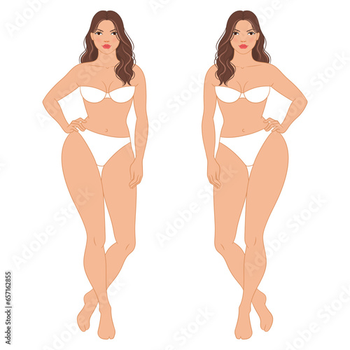 Plus size female fashion figure posing, vector template. Beautiful curvy woman body vector illustration. Female colored croquis with face and hair. 
